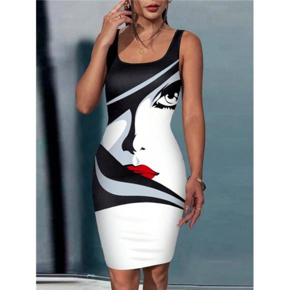 Contrast Color Patchwork Figure Print Bodycon Dress - Picture 4 of 6